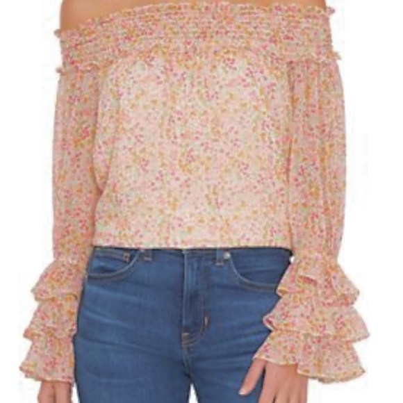NWT CeCe Off Shoulder Smocked Floral Ruffle Cuff Blouse L Romantic Boho - Picture 10 of 13